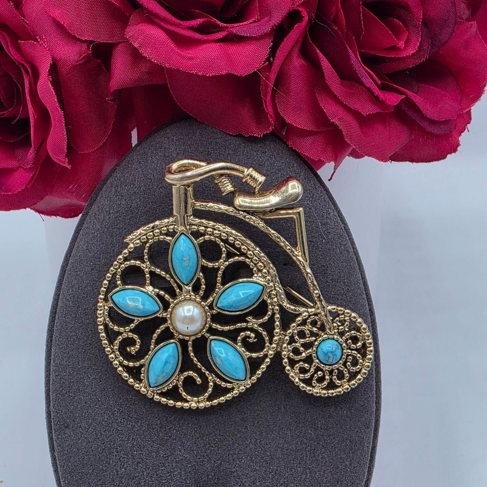 Vintage Bicycle Brooch Gold Tone Turquoise Enamel Pearl Accents Pin Intricate